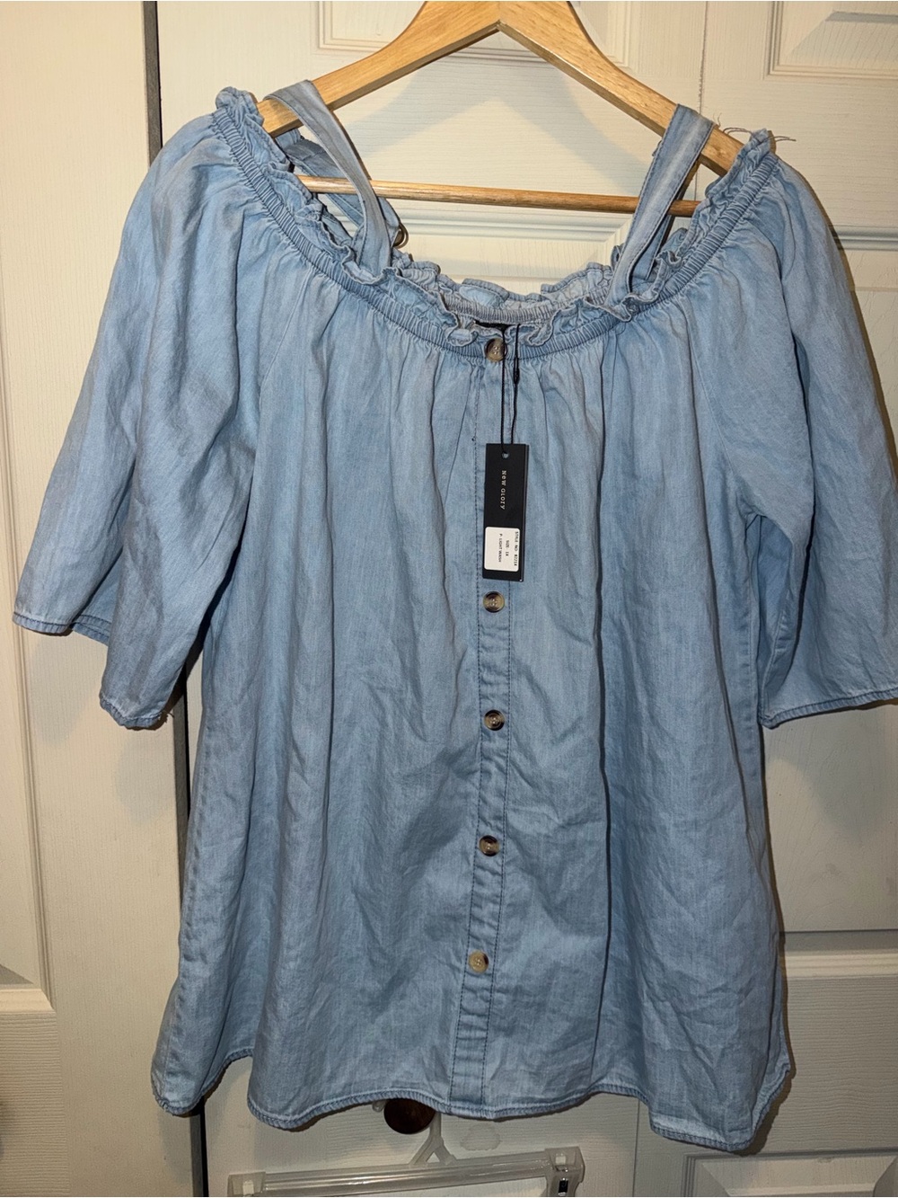 Light Blue Off-Shoulder Button-Front Tunic Top Jean look 100% cotton